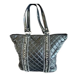 Quilted Black Chain-Trim Tote Bag